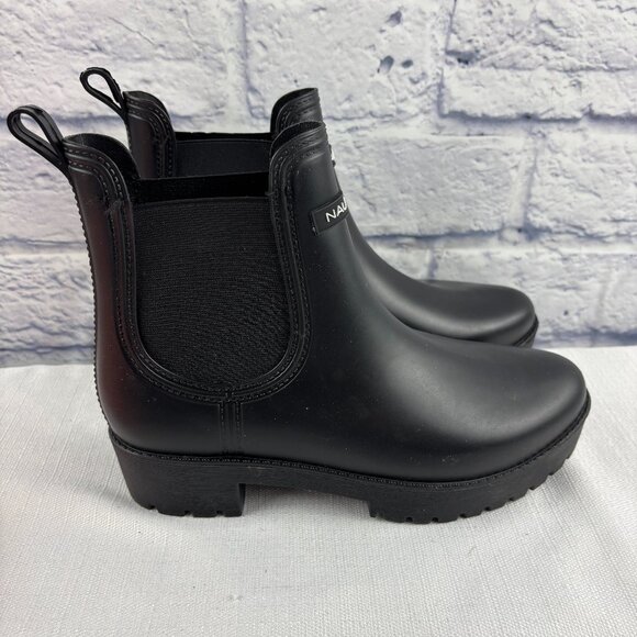 Nautica Women's 7 Black Rubber Waterproof Pull-on Chelsea Rain Ankle Boots - Picture 1 of 10